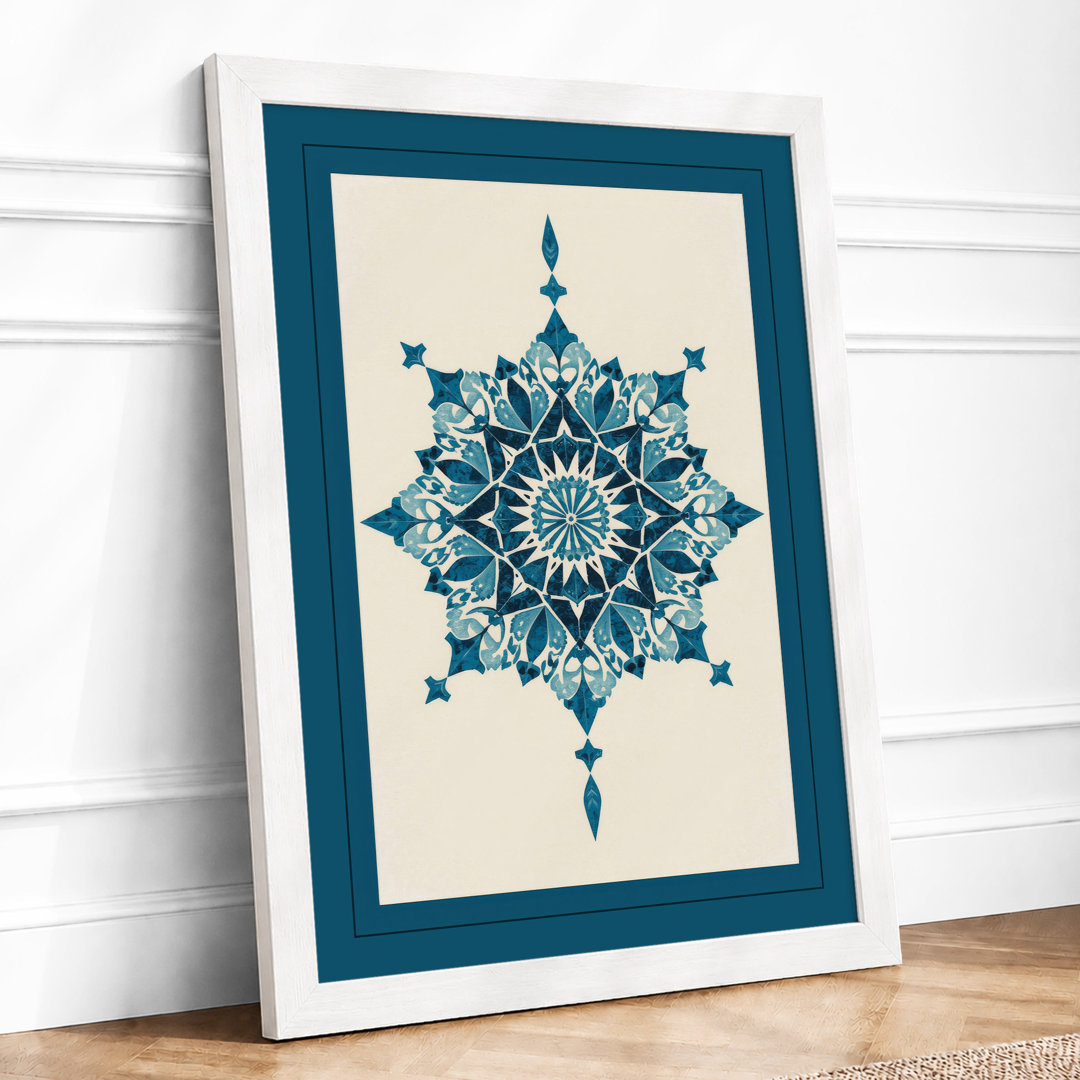Teal Mandala Pattern Geometric - Framed Print