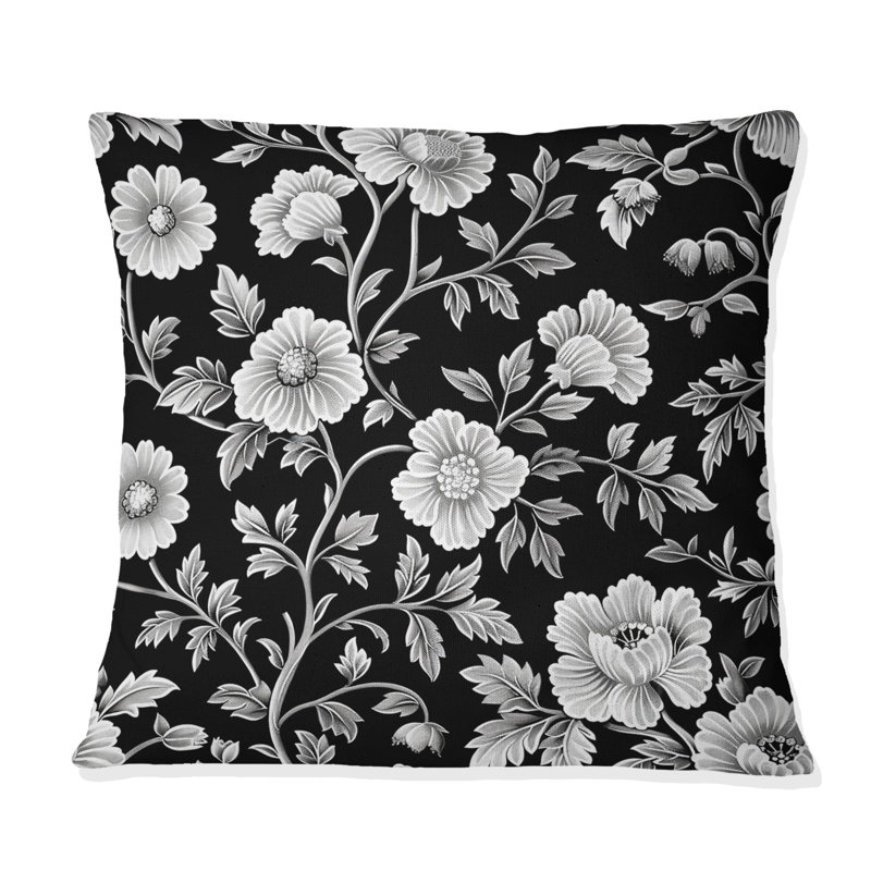 Coussin décoratif noir et blanc Secret Floral Gardens I - Traditional, H 18 po x l 18 po