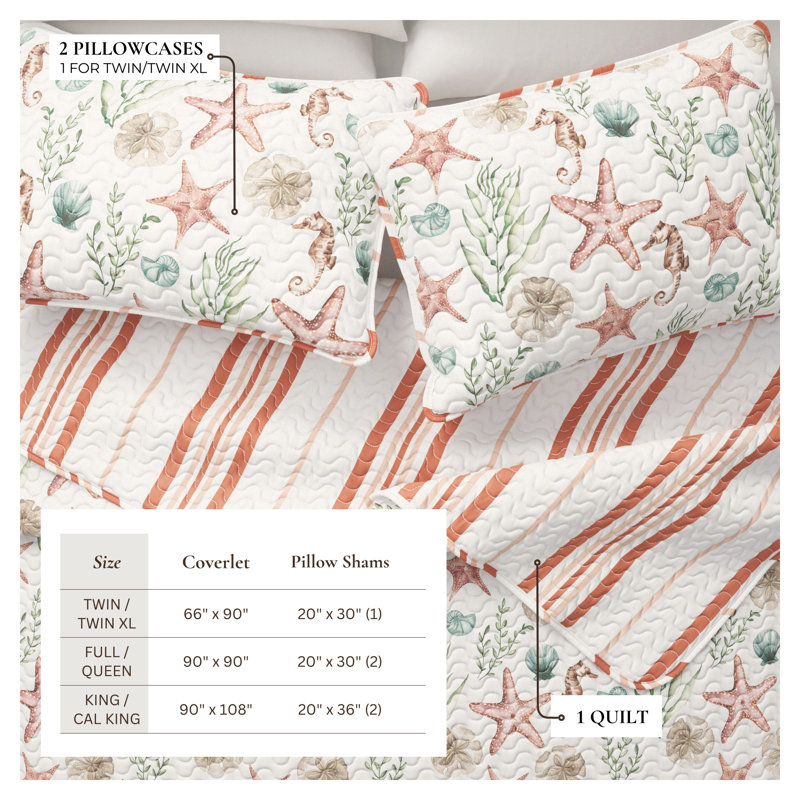 Nautical Shell Reversible Quilt Set with Shams, Full / Queen Quilt + 2 Standard Shams