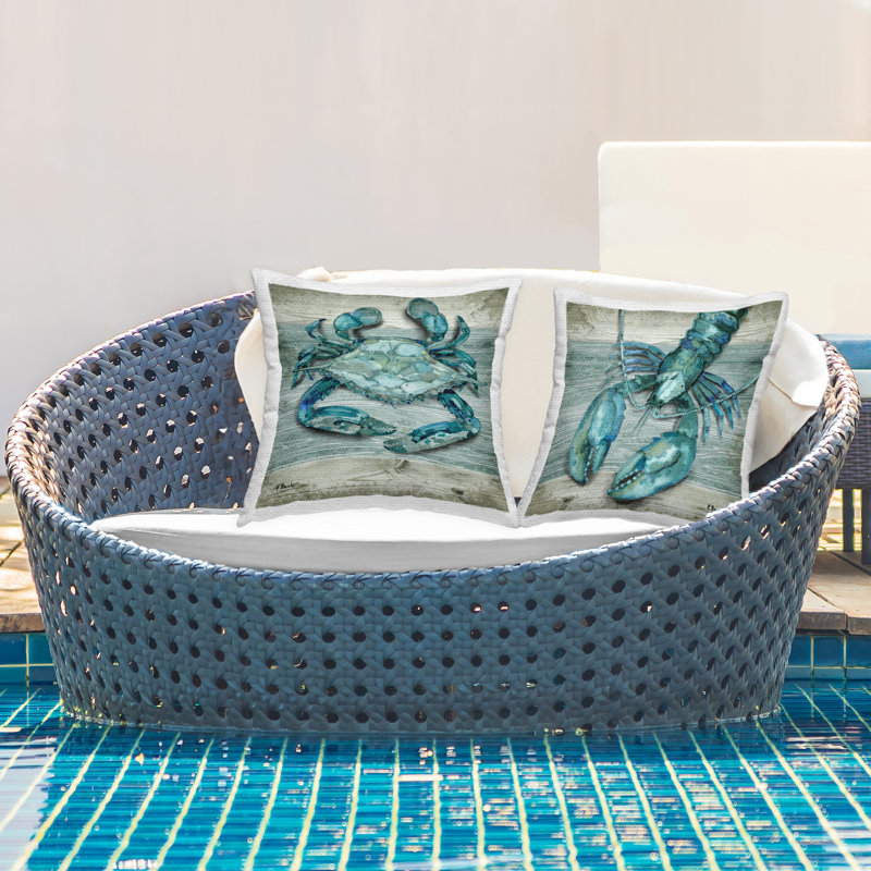 Ensemble de 2 coussins décoratifs d'extérieur Blue Crab Lobster Marine Sea Life par Paul Brent