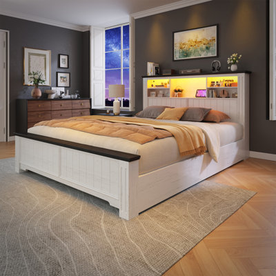 Full Size Farmhouse Storage Bed Frame With Headboard & Led Light & Usb, 4 Drawers Under Bed, Built In Charging Station, No Noise, No Box Spring Neede