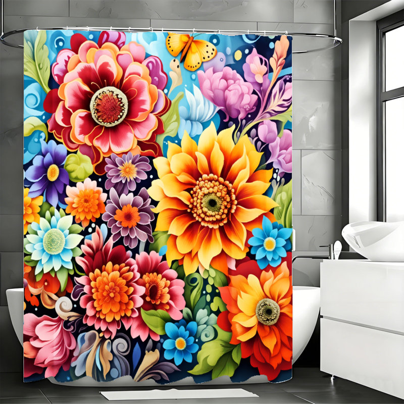 Rideaux de douche avec crochets inclus, Rouge / orange motif floral