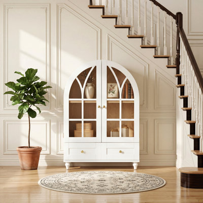 Vitrine arquée avec portes en verre trempé, armoire de rangement en bois avec finition grain de bois naturel, pieds d'appoint en bois massif avec tiroirs pour le salon, la salle à manger, le bureau