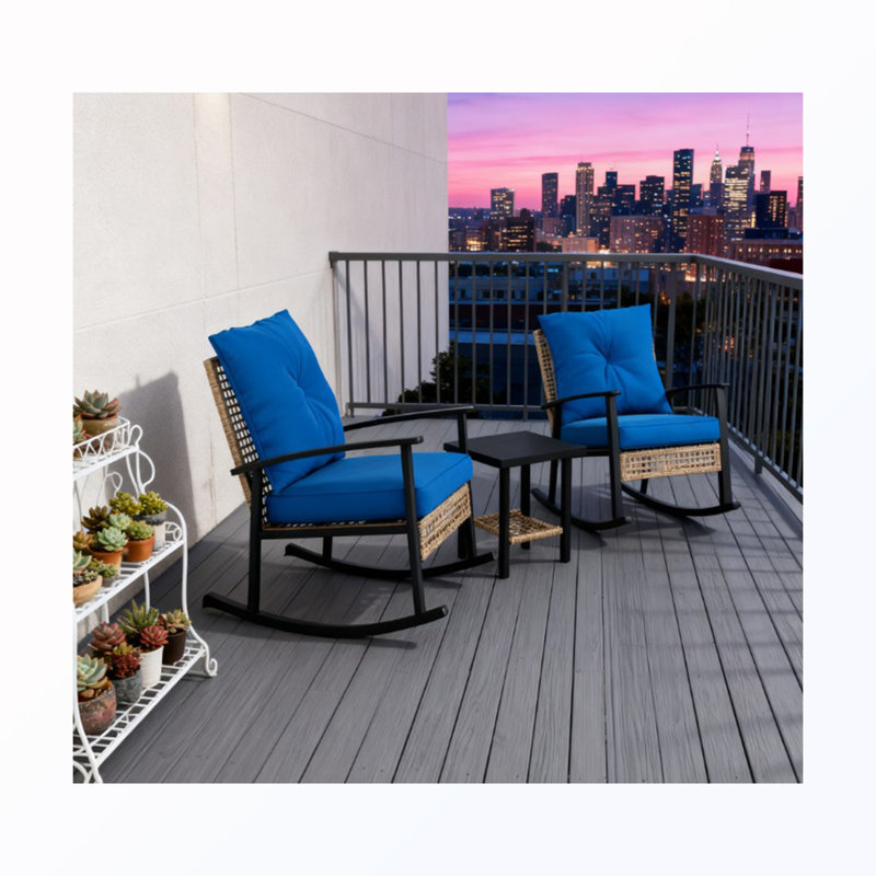 Chaise berçante de patio en osier avec coussins et table capitonnés (2 chaises), Beige