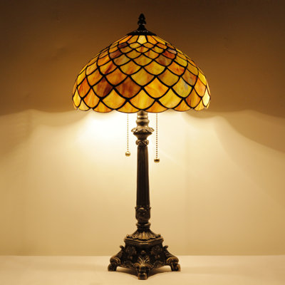 Tiffany Lamp Fish Scales Style Stained Glass Table Lamp Desk Reading Light 12X12X21 Inches with Resin Base Decor Bedroom Living Room