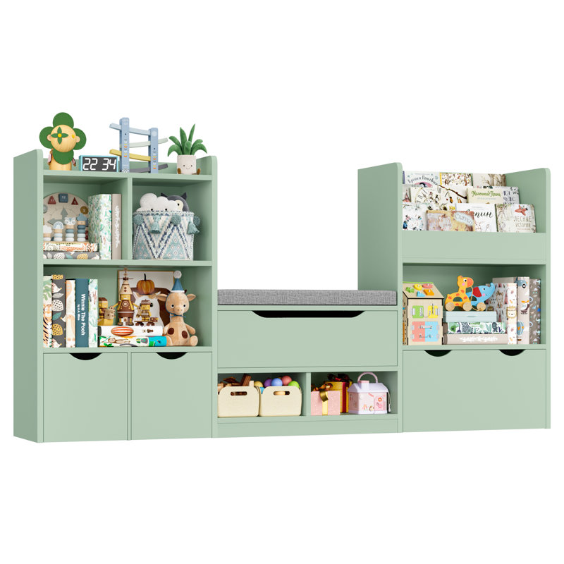 Bibliothèque pour enfants 4 en 1 de 72 po x H 37 po avec 3 tiroirs, coussin moelleux, bibliothèque à 3 couches, coin lecture