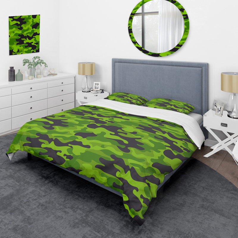 Ensemble de housse de couette en microfibre vert / noir 3 pièces, Housse de couette pour très grand lit et 2 très
