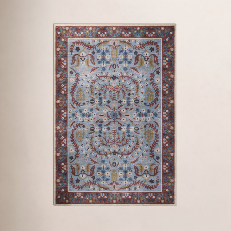 Tapis rouge / bleu Rifle Paper Co. x Loloi, Rectangle 2 pi 3 po x 3 pi 9 po