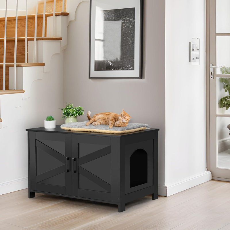 Black Wooden Double Room Cat Litter Box Enclosure