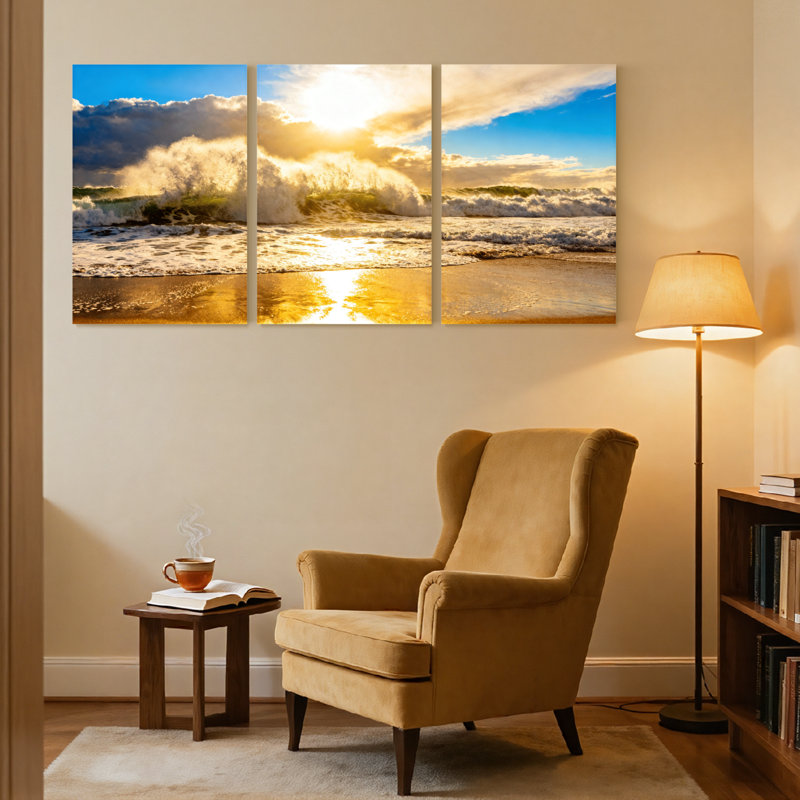 Plage, coucher de soleil, océan, vagues, plage, ciel, nuages, réflexion, lumière dorée, ensemble de 3 impressions sur toile