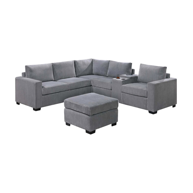 Velours côtelé gris contemporain 4pc avec dossier et pieds à profil bas pour un siège à la maison élégant