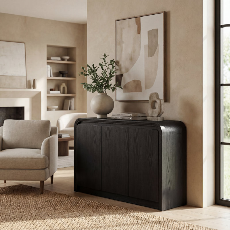 Buffet moderne à 3 portes de 47,24 pouces avec bords incurvés et tablettes de rangement, Noir