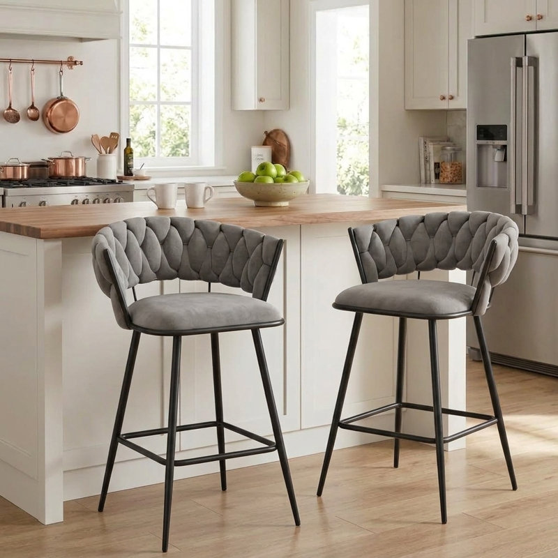 Upholstered Counter & Bar Stool With Metal Frame (Set Of 2), Gray, Counter Stool (24" Seat Height)