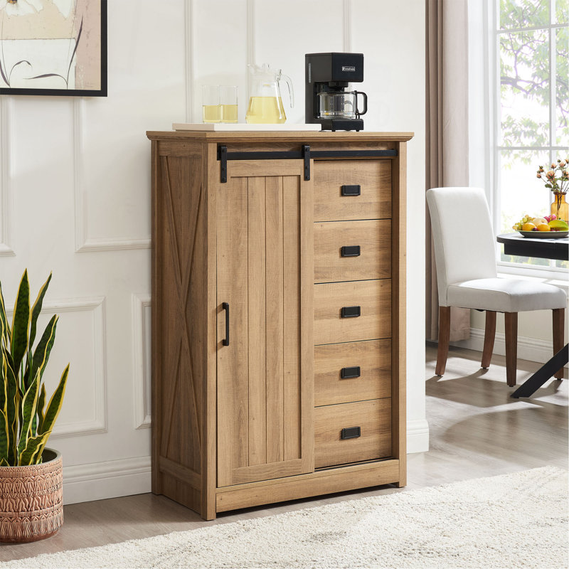 Daneal Farmhouse Dresser with 5 Drawers, Sliding Barn Door and Adjustable Shelves, Oak