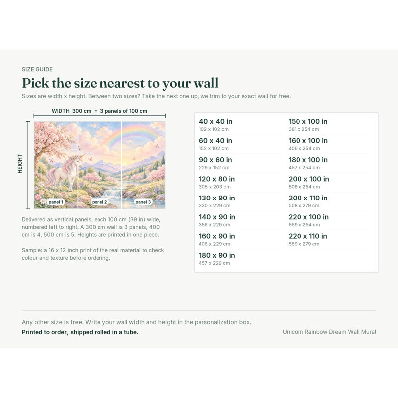Unicorn Rainbow Dream Wallpaper Mural, Peel and Stick Kids Room Wall Mural, Watercolor Nursery Wallpaper Made to Measure
