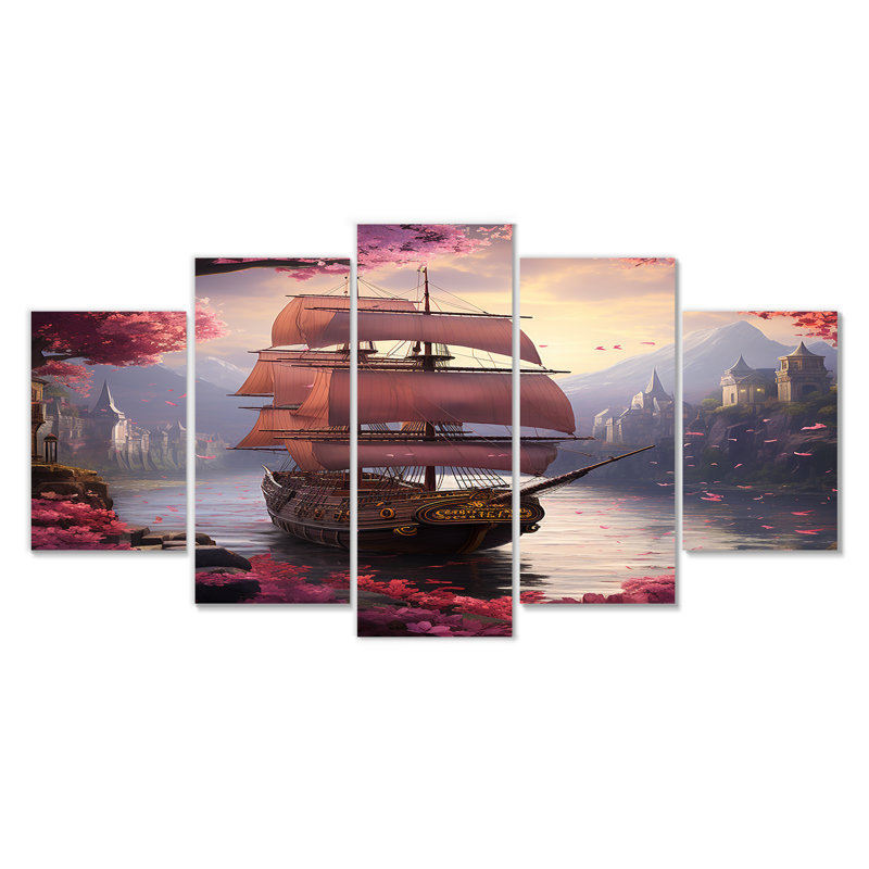 Voilier arrivant dans un port rose en fleur - ensemble de décorations murales bateau 5 pièces, H 32 po x l 60 po