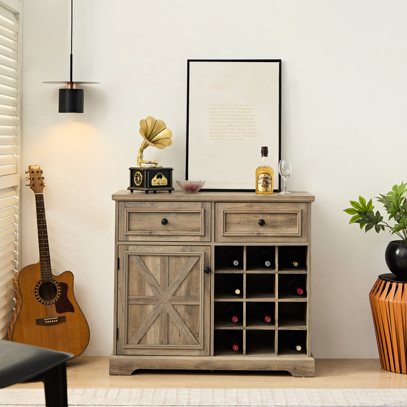 Grey Wash Storage Cabinet With Removable Wine , 2 Drawers, Rustic For Dining Room Sideboard Big Shelves,