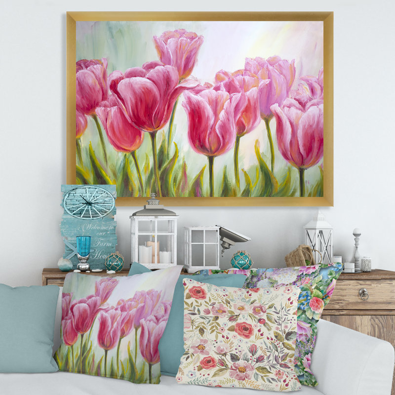 Tulipes, fleurs, peinture sur toile, H 24 po x l 32 po x P 1 po, Encadrement doré