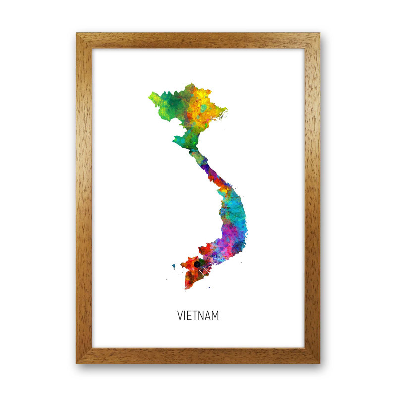 Vietnam Watercolour Map by Michael Tompsett - Print, Brown Framed, 63cm H x 46cm W x 3cm D