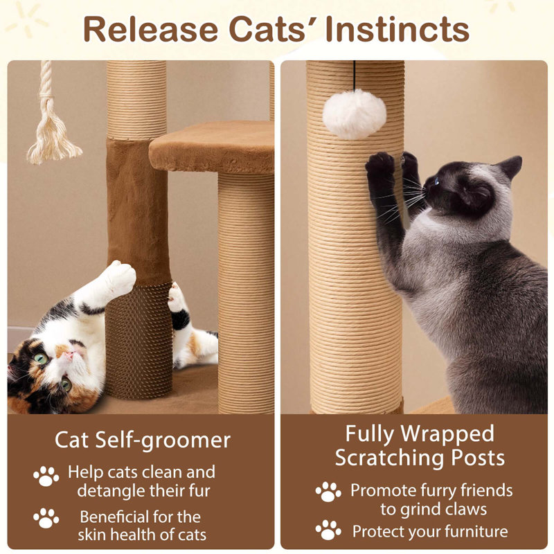 44" Caramel and White Sisal Cat Tree with Faux Fur Perch