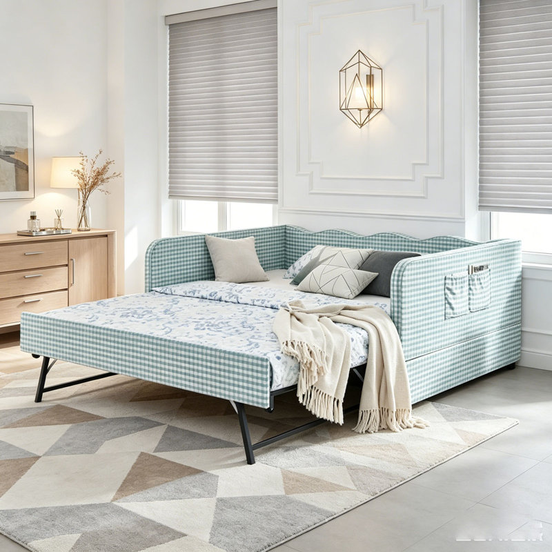 Upholstered 3‑in‑1 Versatile Convertible Daybed with Pull‑Out Trundle & Side Storage Pockets, Cyan, Full