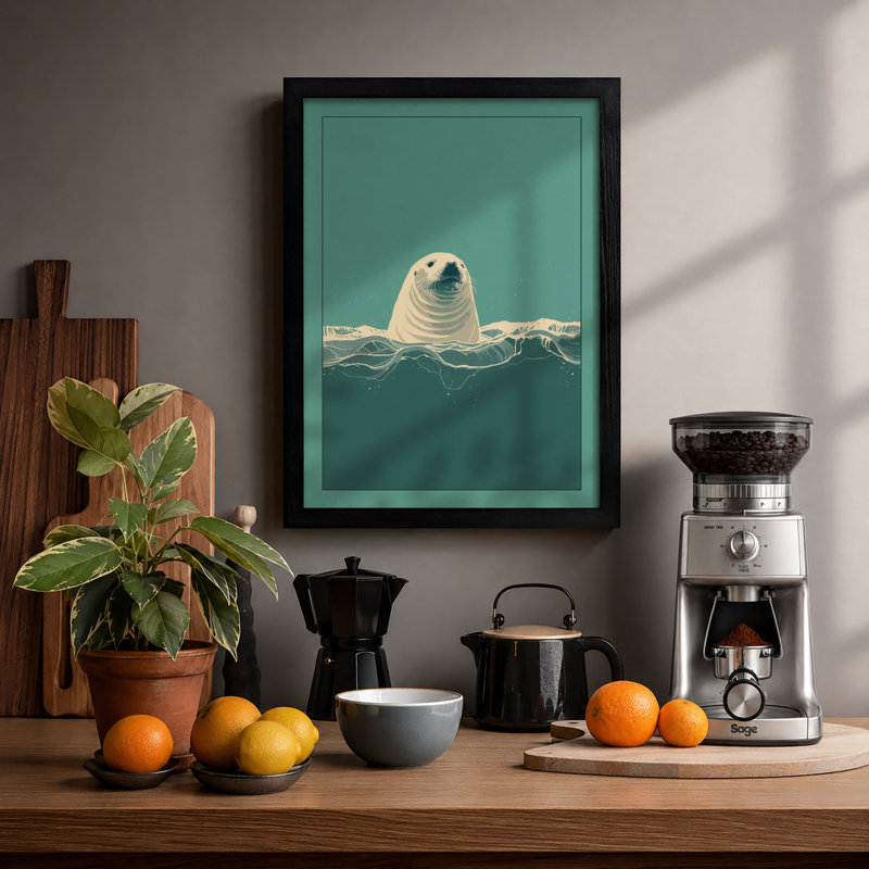 Seal in Waves Coastal - Framed Print, A1 - 84.1 x 59.4 cm, Black