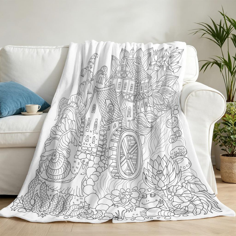 Jeté en molleton noir ultra doux et imprimé de contes de fée blanc, Throw 50" x 60"