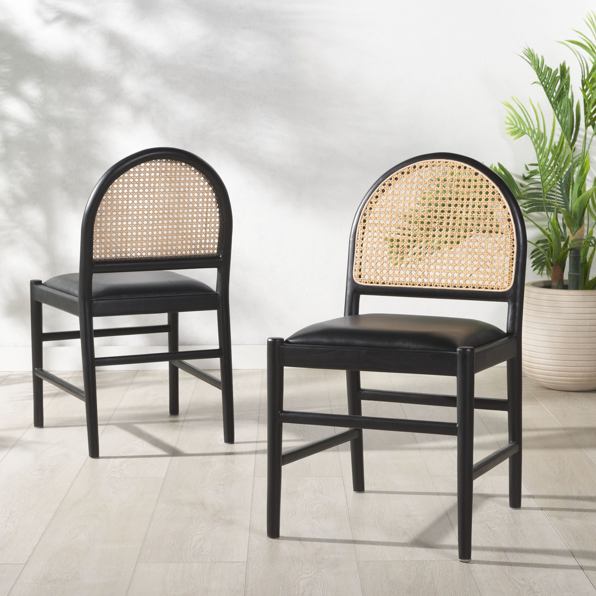 Ottavia Rattan And Leather Dining Chair, Black, Black Leather
