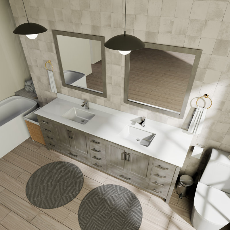 Jacques 84 in. W x 22 in. D Double Bath Vanity, and 34 in. Mirrors, Distressed Gray, White Cultured Marble