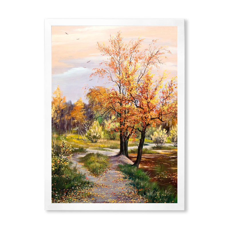Rivière dans le bois orange - peinture sur toile, Cadre photo blanc, H 32 po x l 16 po x P 1 po