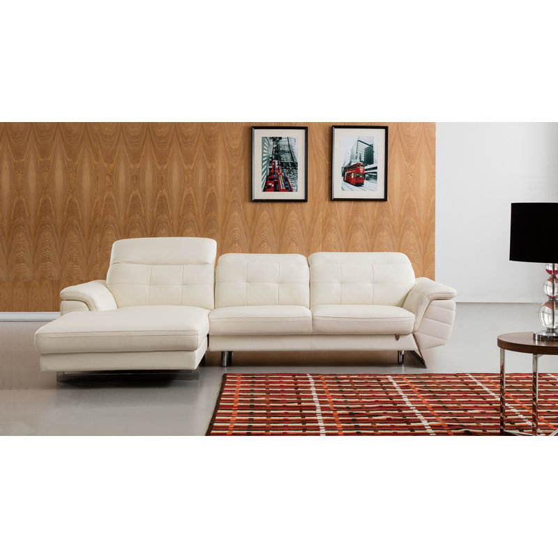 Bairiki Upholstered L-Shaped Sectional, White Genuine Leather, Left Hand Facing