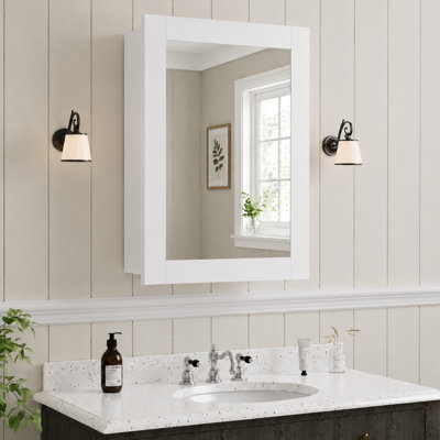 Armoire à pharmacie Fiona en bois blanc, 51 cm (L) x 71 cm (H), avec miroir, porte réversible, étagères en bois ajustables, entièrement assemblée. Gain d'espace garanti pour la salle de bain, la salle de bain ou l'appartement.