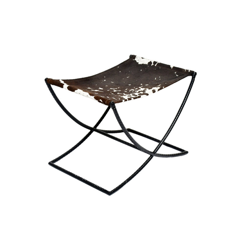 Cowhide Sling Seat Accent Stool With Iron Base, Brown/White