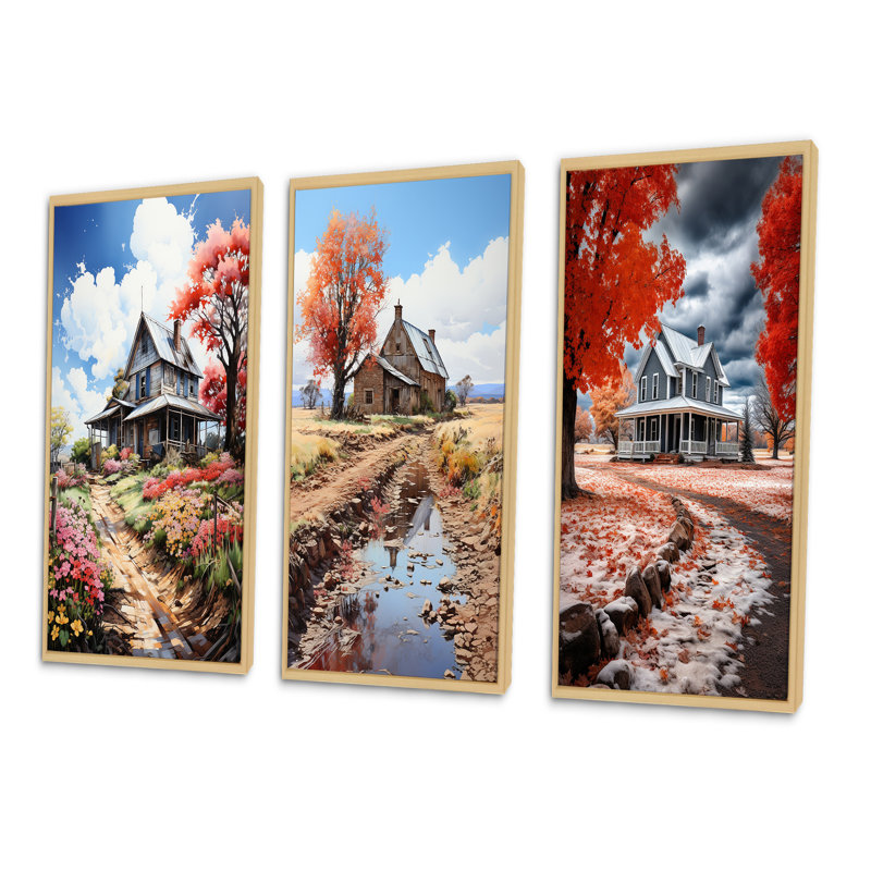 «Farmhouse Memories Pointillism», 3 pièces sur toile, Encadré naturel, H 20 po x l 36 po