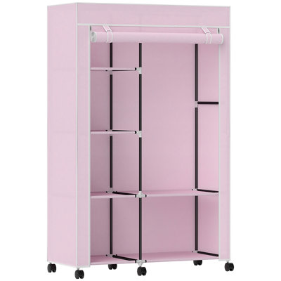 Pink Wheeled Freestanding Portable Fabric Garment Wardrobe with Hanging Rail and Multiple Storage Shelves for Bedroom Clothing Storage
