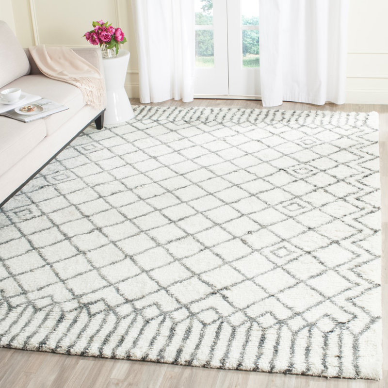 Tapis ivoire / gris touffeté à la main Moroccan, Rectangulaire 8 pi x 10 pi