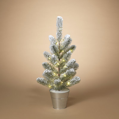 Illuminated 26 in H Battery Operated Lighted Flocked Pine Tree in Metal Bucket