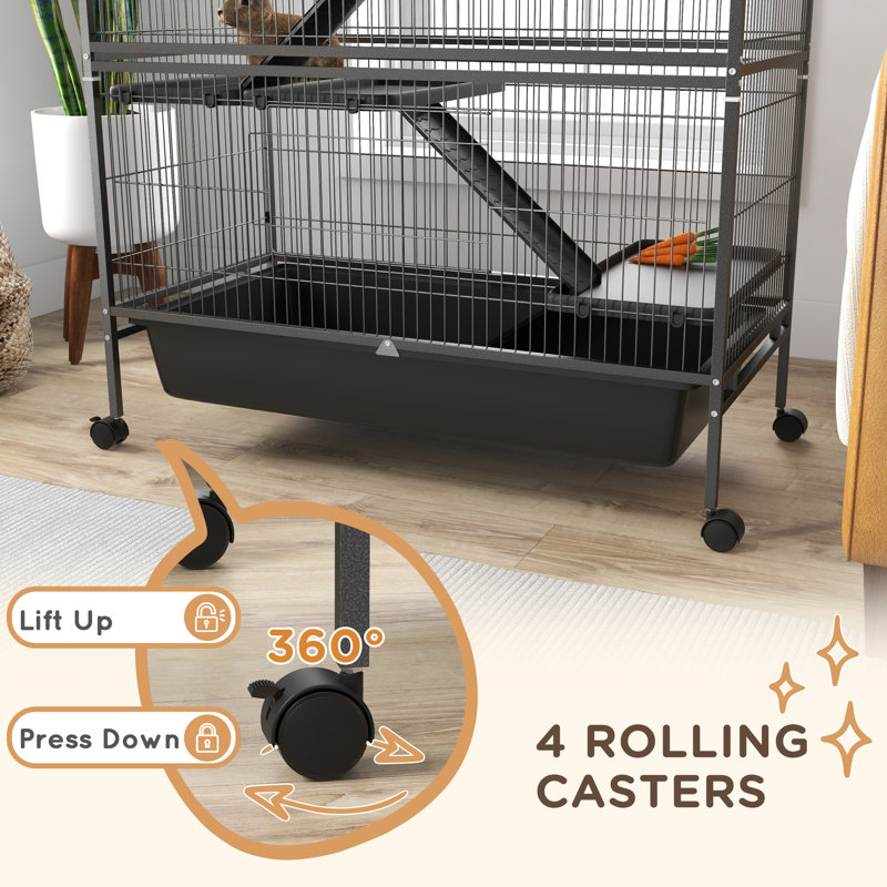Cage 53,5 po à 5 niveaux pour petits animaux en métal avec roulettes, plateau amovible, 2 portes avant et rampes pour furets, lapins ou chinchillas, gris