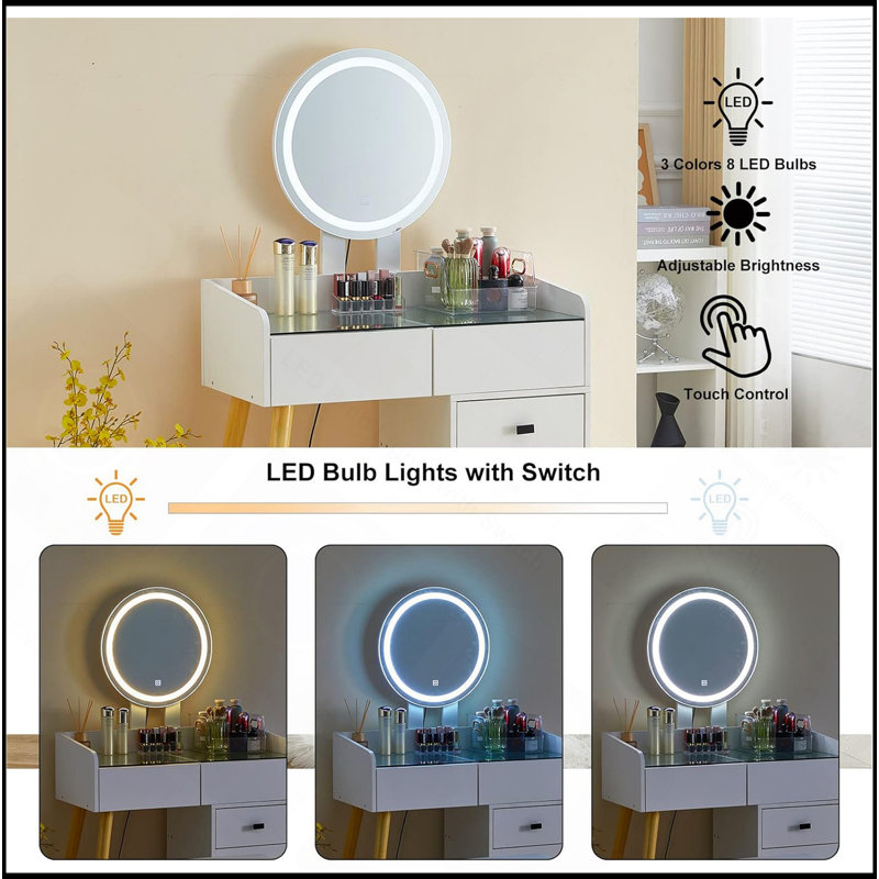 Dressing Table With LED Lights Glass Top Dressing Table With Extendable Side Table 5 Drawers Dressing Table With Mirror And Stool For Bedroom
