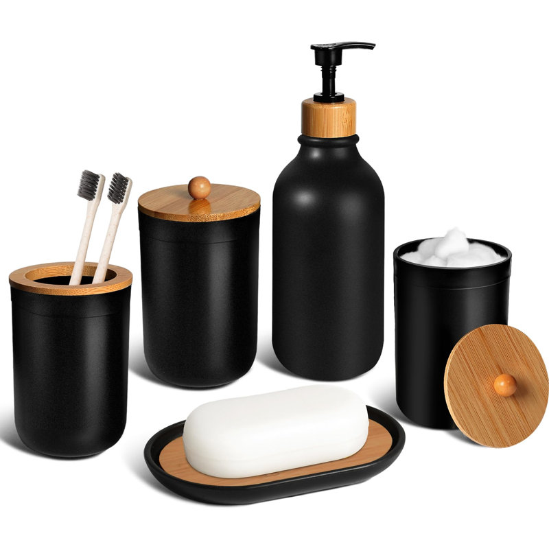 Ensemble d'accessoires de salle de bain noir 5 pièces, accessoires de salle de bain noir mat, ensemble de distributeur de savon en plastique et porte-brosse à dents, porte-savon, pot de coton-tige, noir