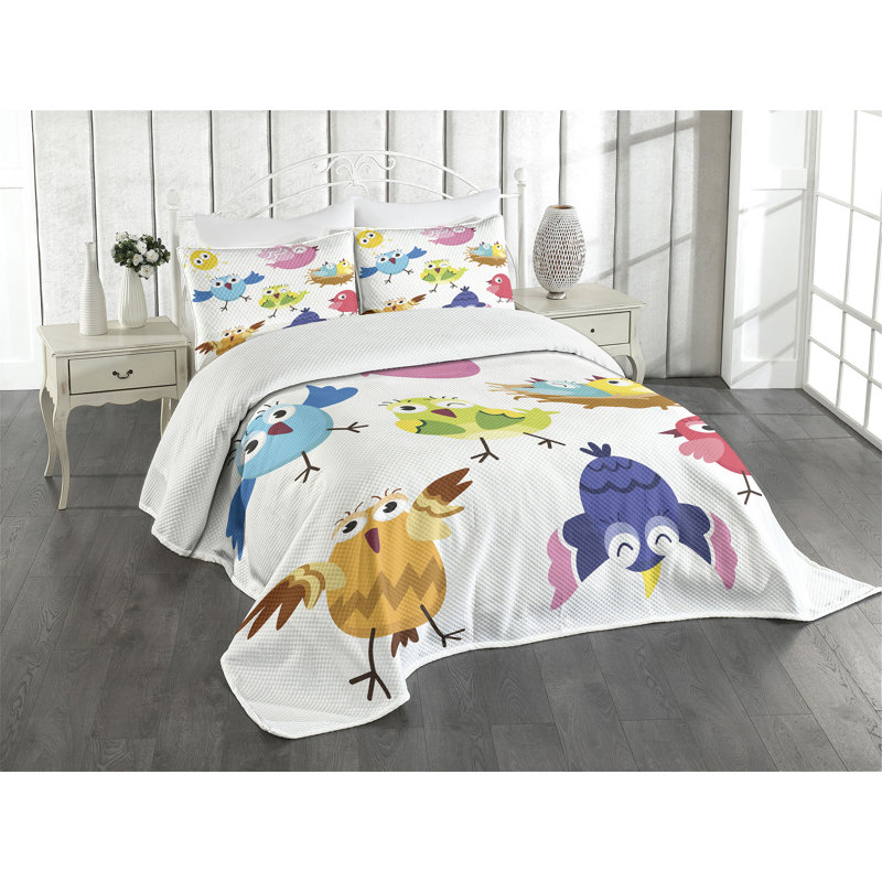 White Quilted Kids Queen Bedspread Set with Cartoon Birds