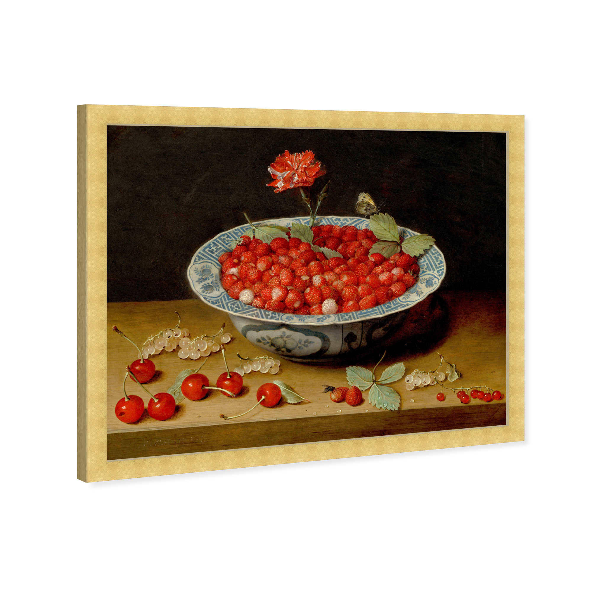 Van Hulsdonck - Wild Strawberries And A Carnation by Van Hulsdonck, 48" H x 36" W x 2" D, Gold