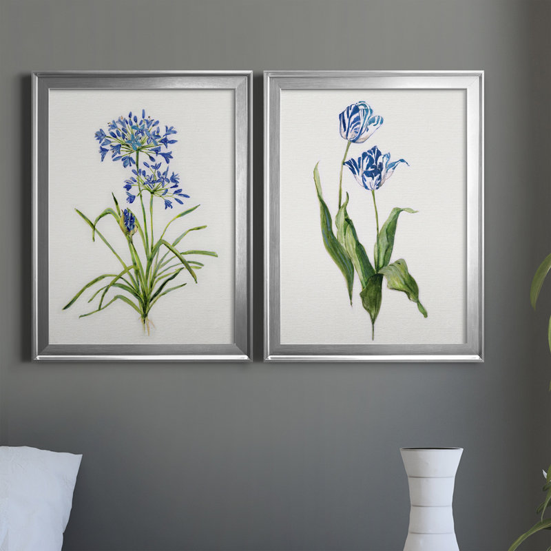 Blue Botanical Prints with Silver Frames, Set of 2