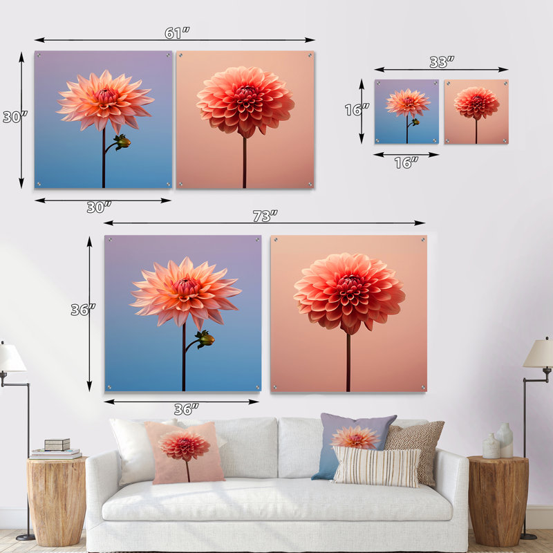«Eernal Pink Dahlia Blooms» - ensemble de 2 peintures murales en acrylique Dahlia, H 36 po x l 73 po