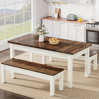 Ensemble de table de salle à manger 55 pièces 3 pièces pour 4 à 6 personnes 55 po - Table de salle à manger et de cuisine peu encombrante avec 2 bancs rabattables - Mobilier rustique en bois et en métal pour petits espaces, coins repas - blanc et brun