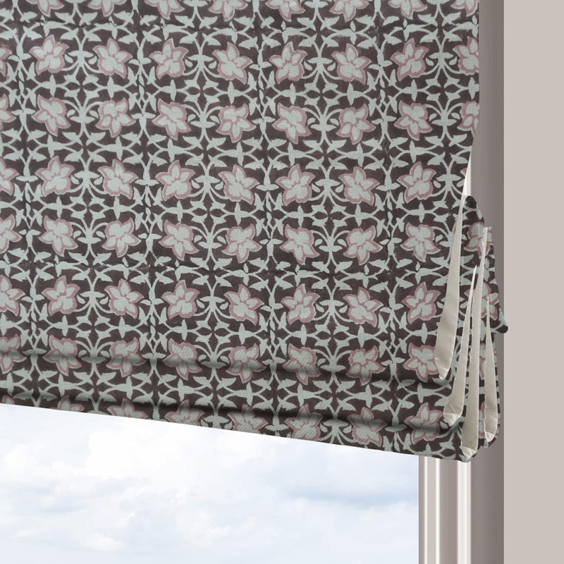 Fabdivine Pink Handmade 100% Blackout Block Print Floral Pure Linen Roman Shade for Window Treatments, Corded Blind for French Door, Kitchen, Fabric for Room Darkening, Chudamani