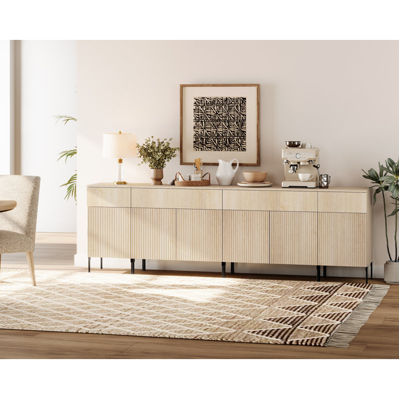 94.5" Wooden Sideboard With Reeded Design, 4-In-1 Modern Credenza With Charging Station For Kitchen, Dining Room, Beige