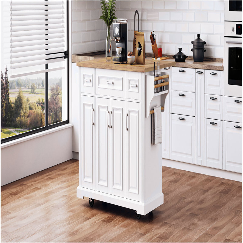 Grand îlot de cuisine de 54 pouces avec abattant en bois d'hévéa, chariot de cuisine à roulettes en relief sur 4 roues avec 4 portes et 3 tiroirs, îlot de cuisine avec rangement pour la cuisine, la salle à manger