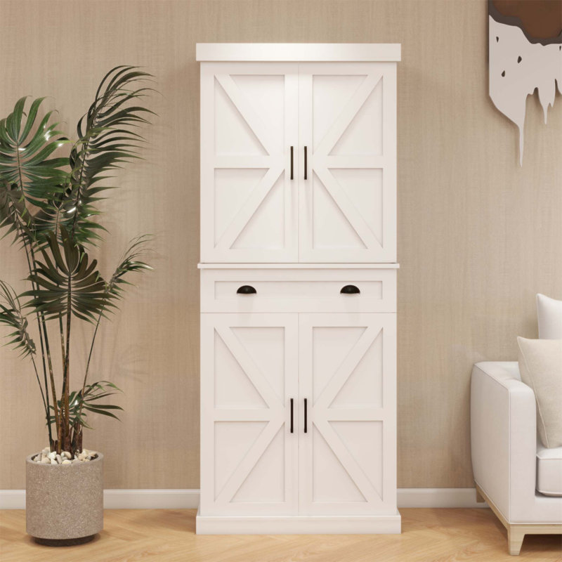 Stylish Freestanding Kitchen Pantry Cabinet with 4 Doors, 1 Drawer, and 2 Adjustable Shelves for Ample Storage and Versatile Use