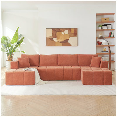 Canapé modulaire en chenille de 132 po en forme de U, canapé désossé de style nuage avec salons, canapé rembourré moderne avec porte-gobelets et poches latérales, canapé à compression pour le salon, aucun assemblage requis, orange